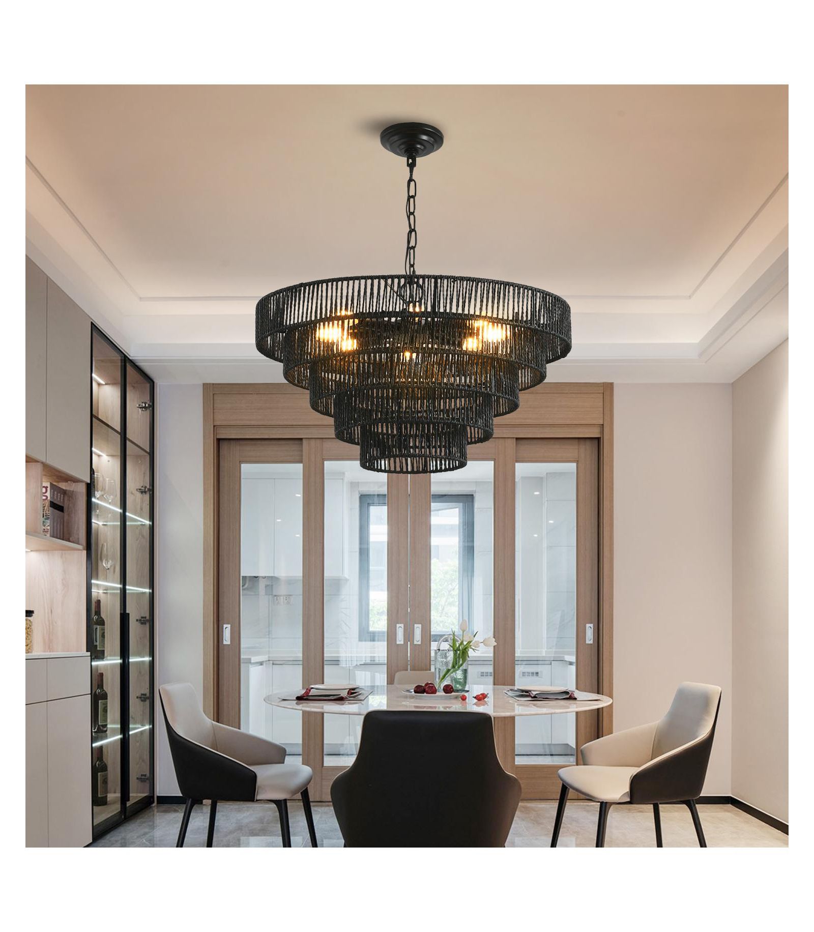 Streamdale Furniture Rustic 5-Tier Hemp Rope Chandelier with 8 Sockets Hardwired Pendant Fixture