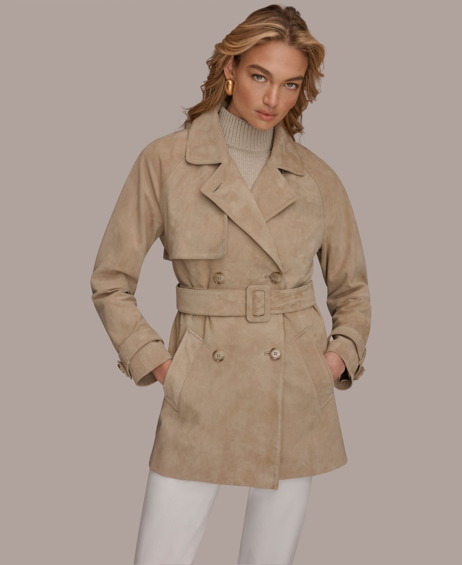 Donna Karan New York Women's Double Breasted Belted Suede Trench Coat