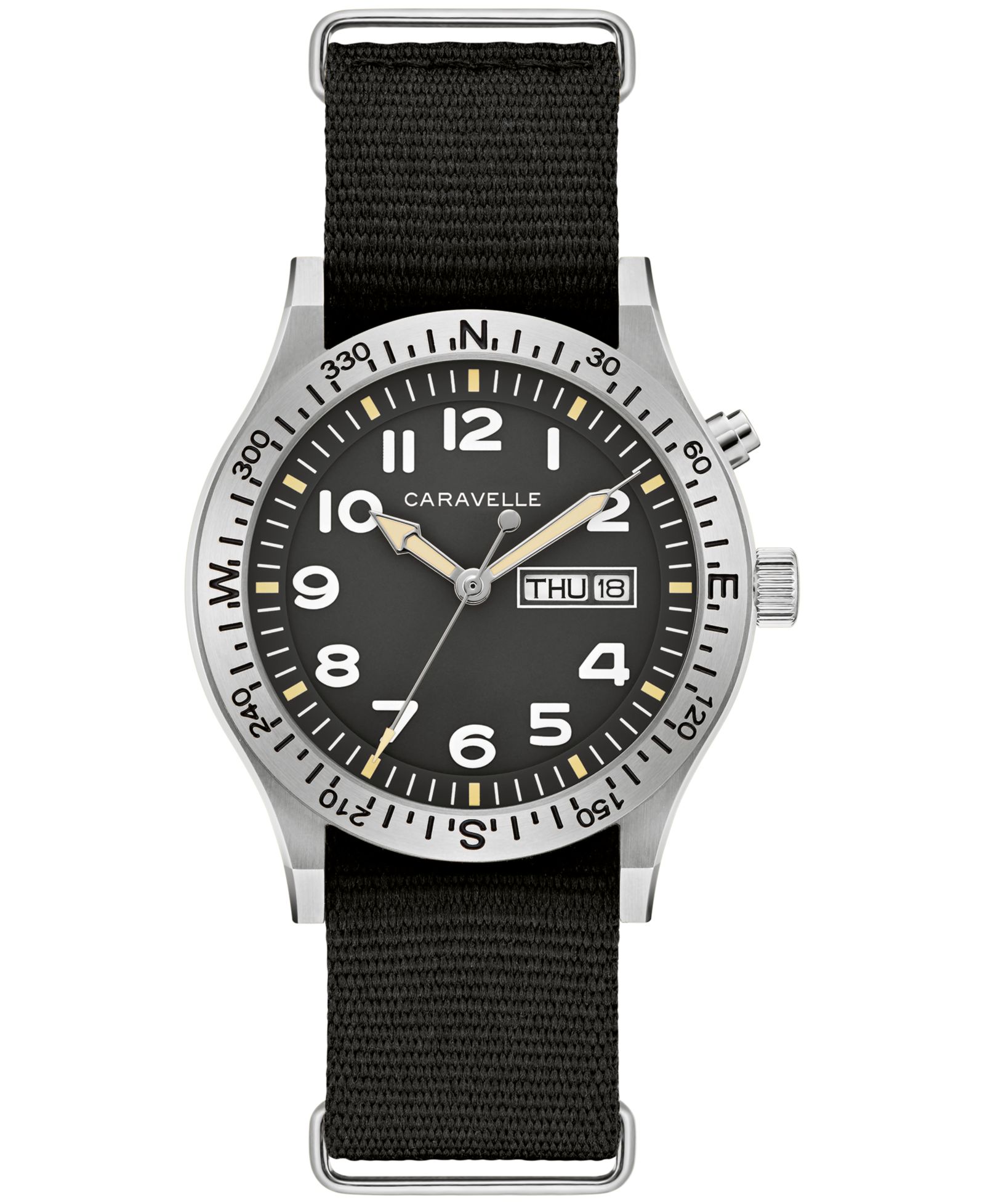 Caravelle Men's Vintage Casual Lite Up Black Nylon Strap Watch, 39mm