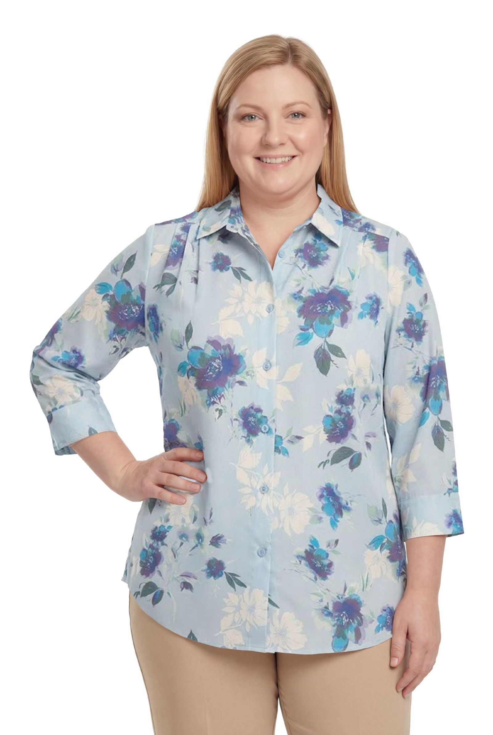 Woman Within Plus Size No Iron Three-Quarter Sleeve Peachskin Shirt