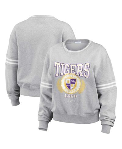 WEAR by Erin Andrews Women's Heather Gray LSU Tigers Classic Stripe Pullover Sweater