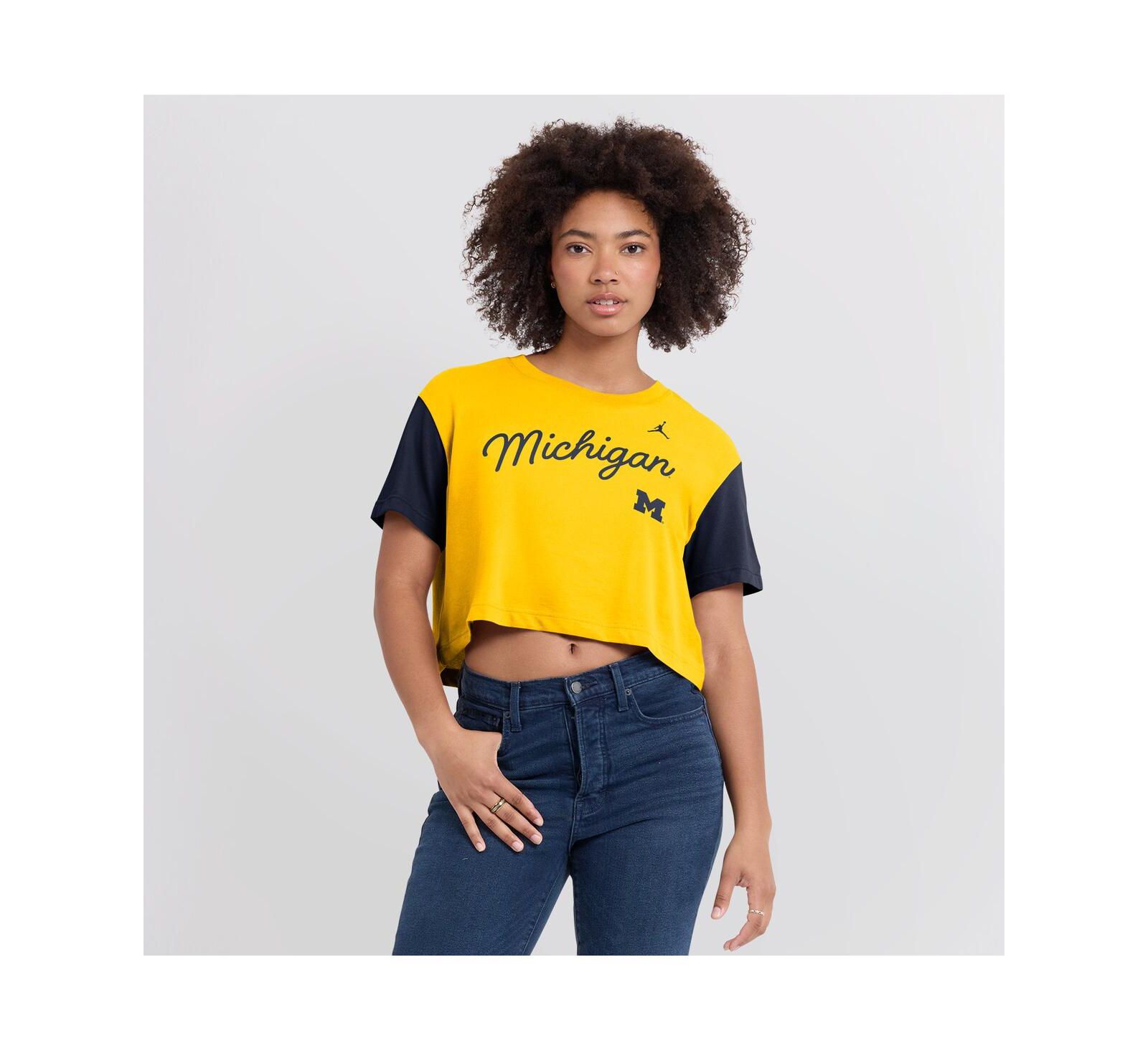 Jordan Women's Maize/Navy Michigan Wolverines Color-Block Script Dri-FIT Cropped T-Shirt