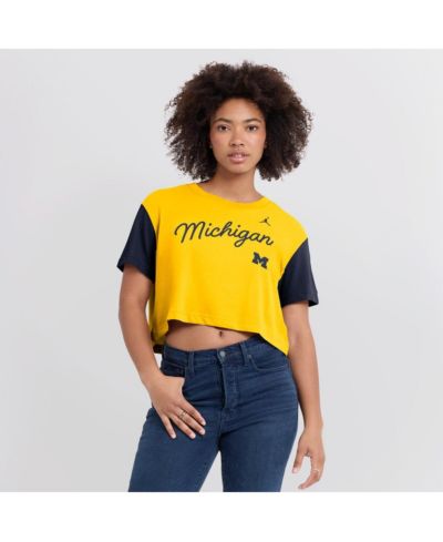 Jordan Women's Maize/Navy Michigan Wolverines Color-Block Script Dri-FIT Cropped T-Shirt