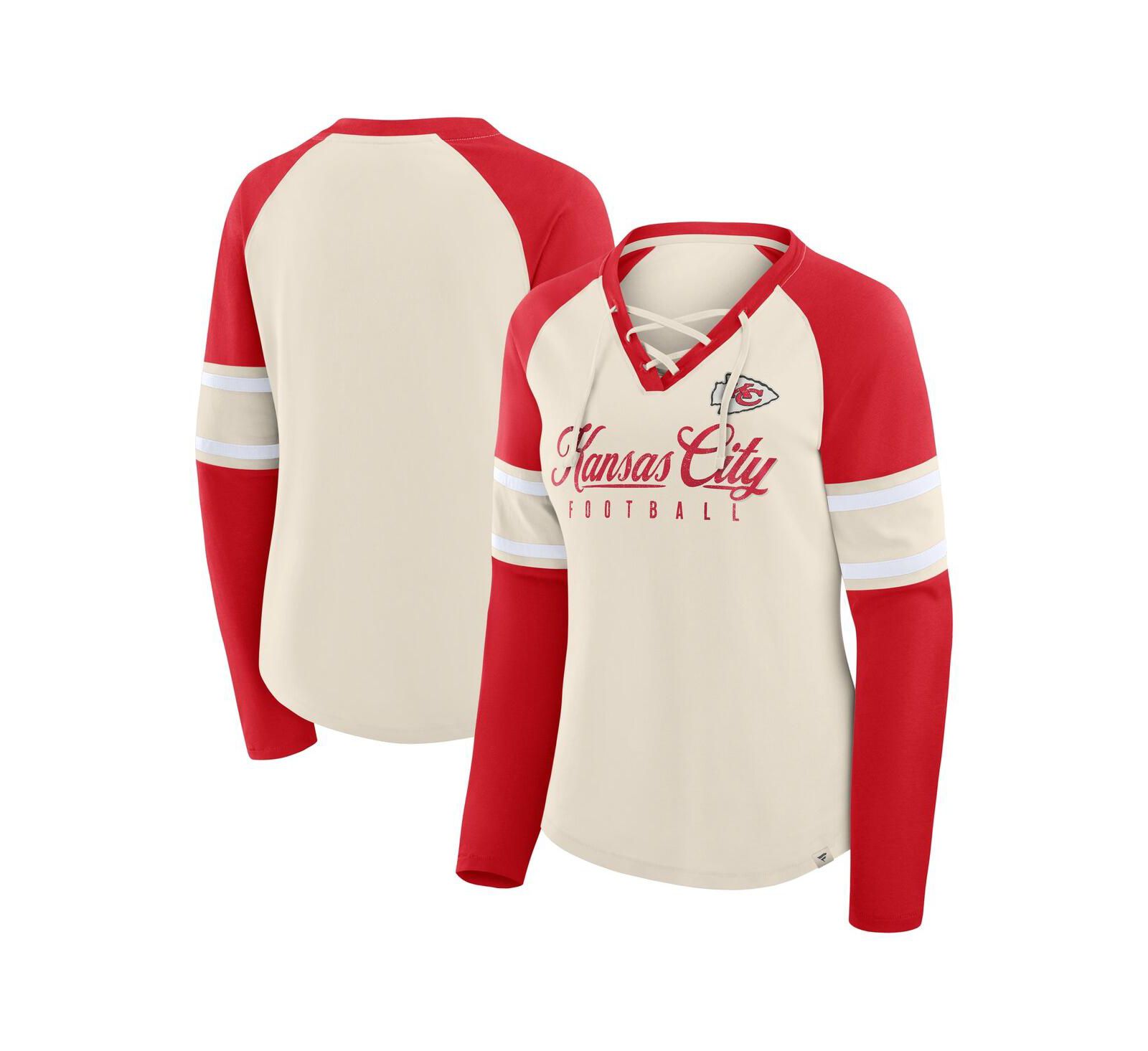 Женская футболка Fanatics Women's Cream/Red Kansas City Chiefs Hometown Gridiron Hero Raglan Lace-Up V-Neck Long Sleeve