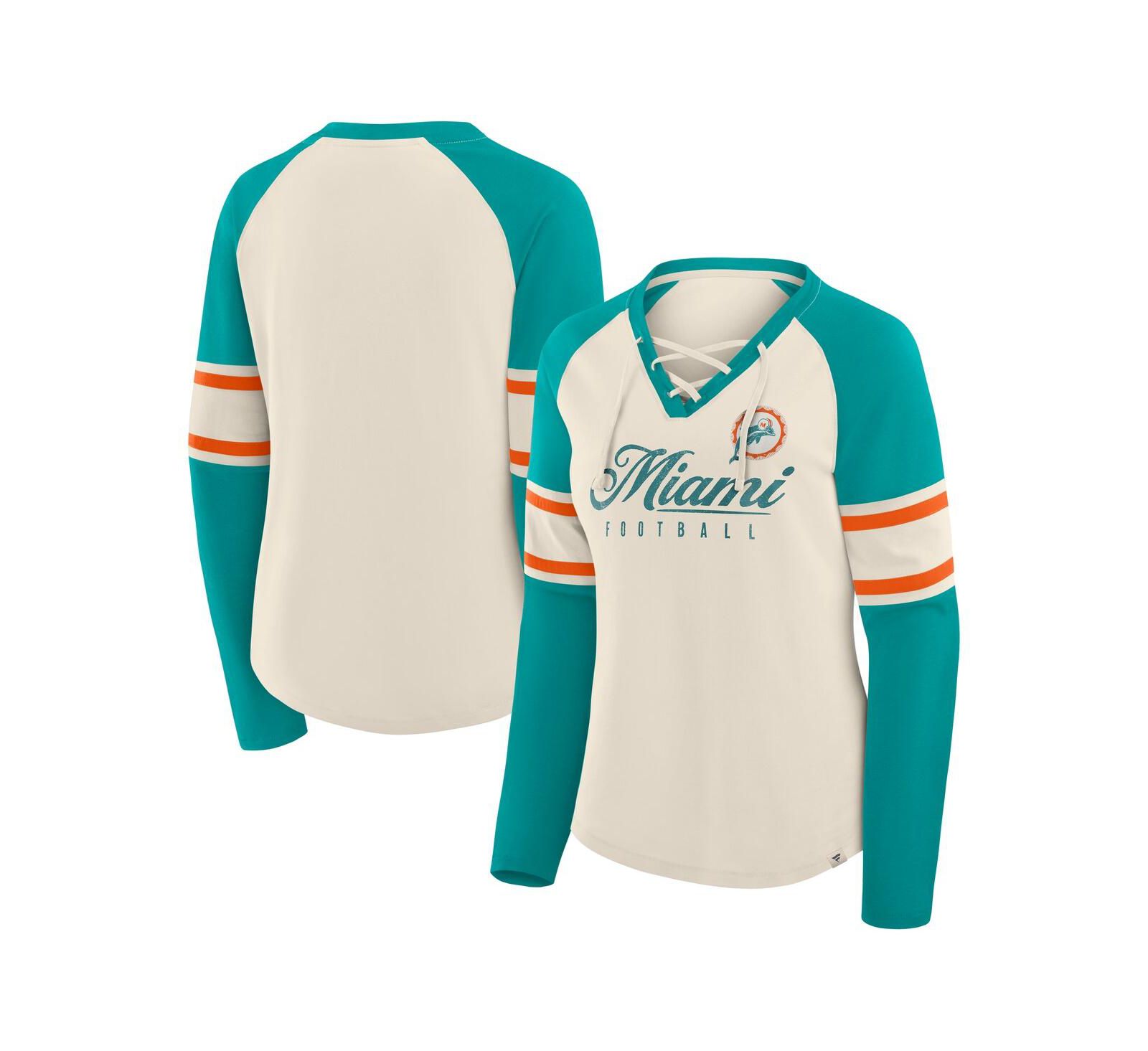 Женская футболка Fanatics Cream/Aqua Miami Dolphins Hometown Gridiron Hero Raglan V-Neck с длинным рукавом