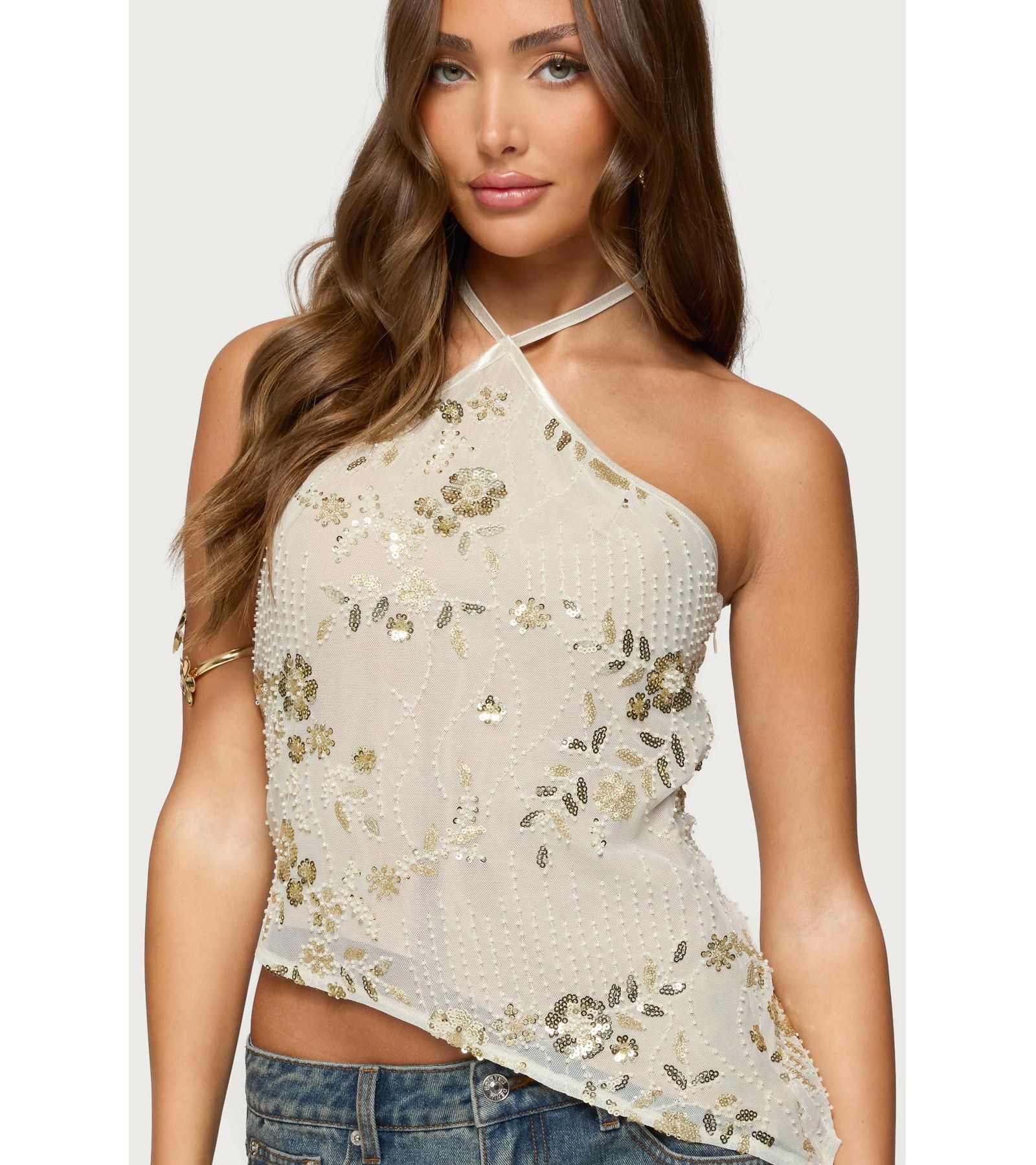Edikted Womens Beaded Sequin Asymmetric Halter Top