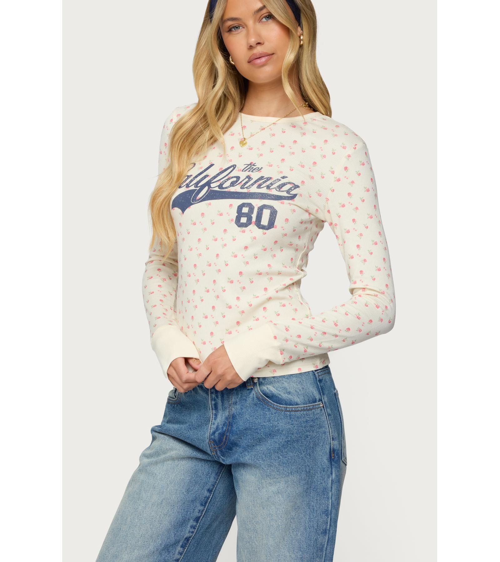 Edikted Women's Cali Floral Ribbed Long Sleeve T Shirt