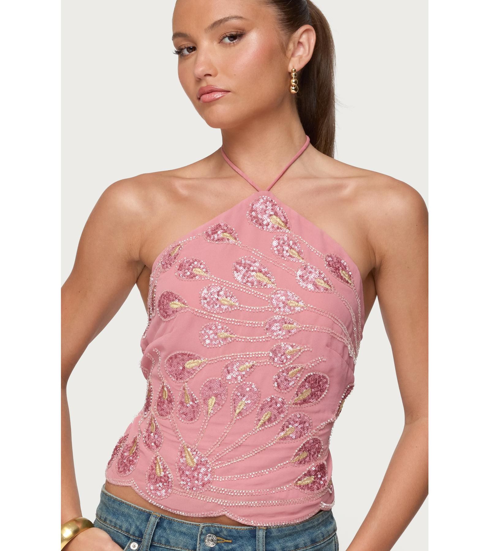Edikted Women's Embroidered Bead and Sequin Halter Top