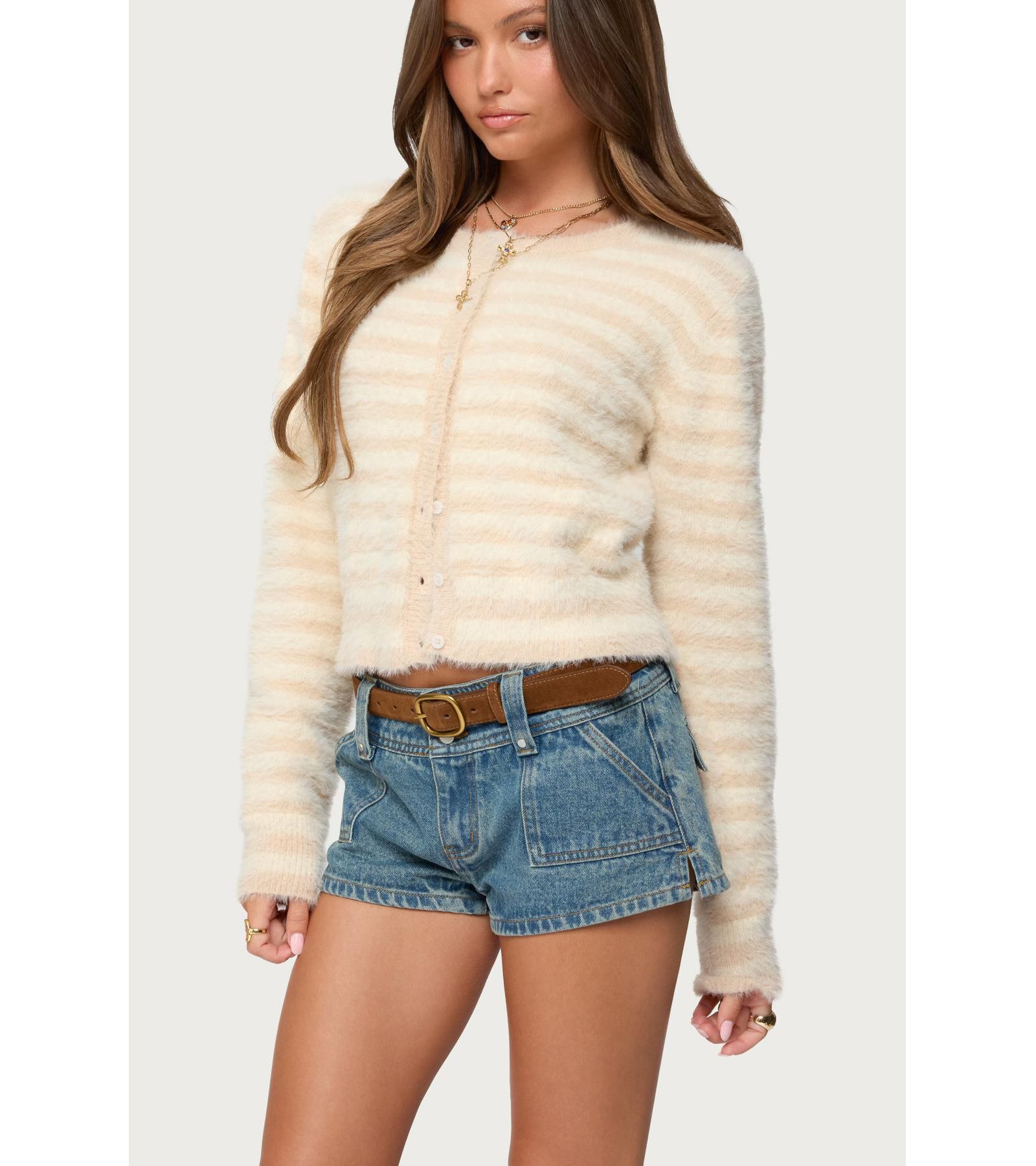 Edikted Women's Aria Striped Fuzzy Knit Cardigan