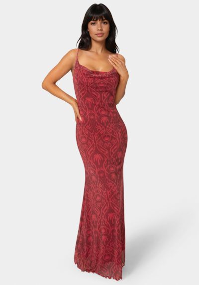 Bebe Women's Printed Mesh Cowl Gown