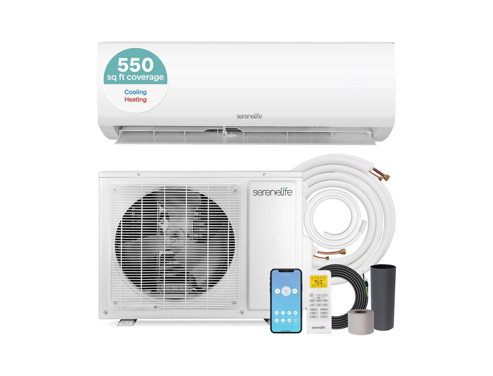 SereneLife 12000 BTU Indoor and Outdoor Mini Split AC Unit Kit - 230V Smart Cooling & Heating Mini Split AC with WiFi, Includes Installation Kit