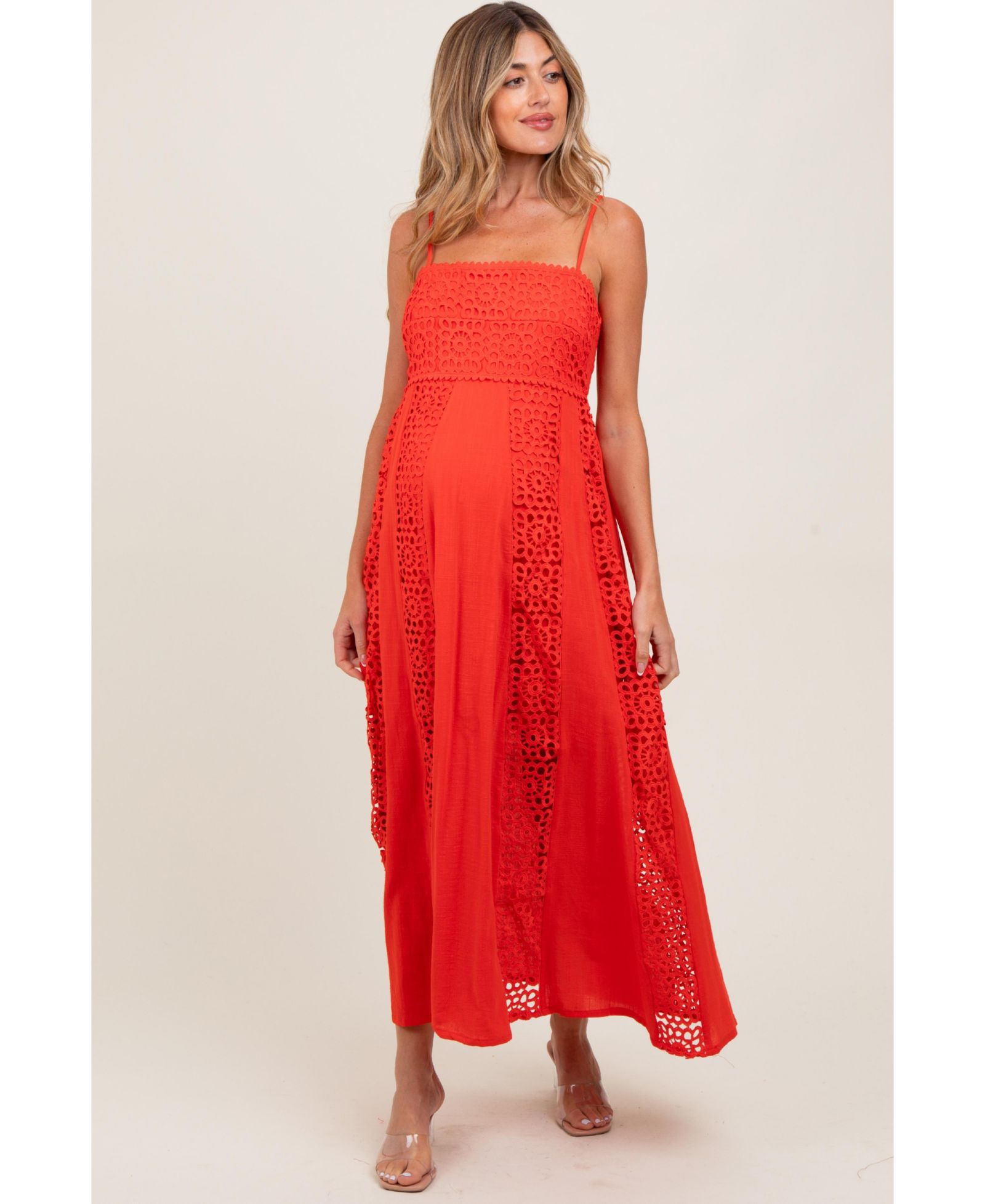 Женское платье Pinkblush Women's Coral Red Crochet Lace Paneled Maxi Dress