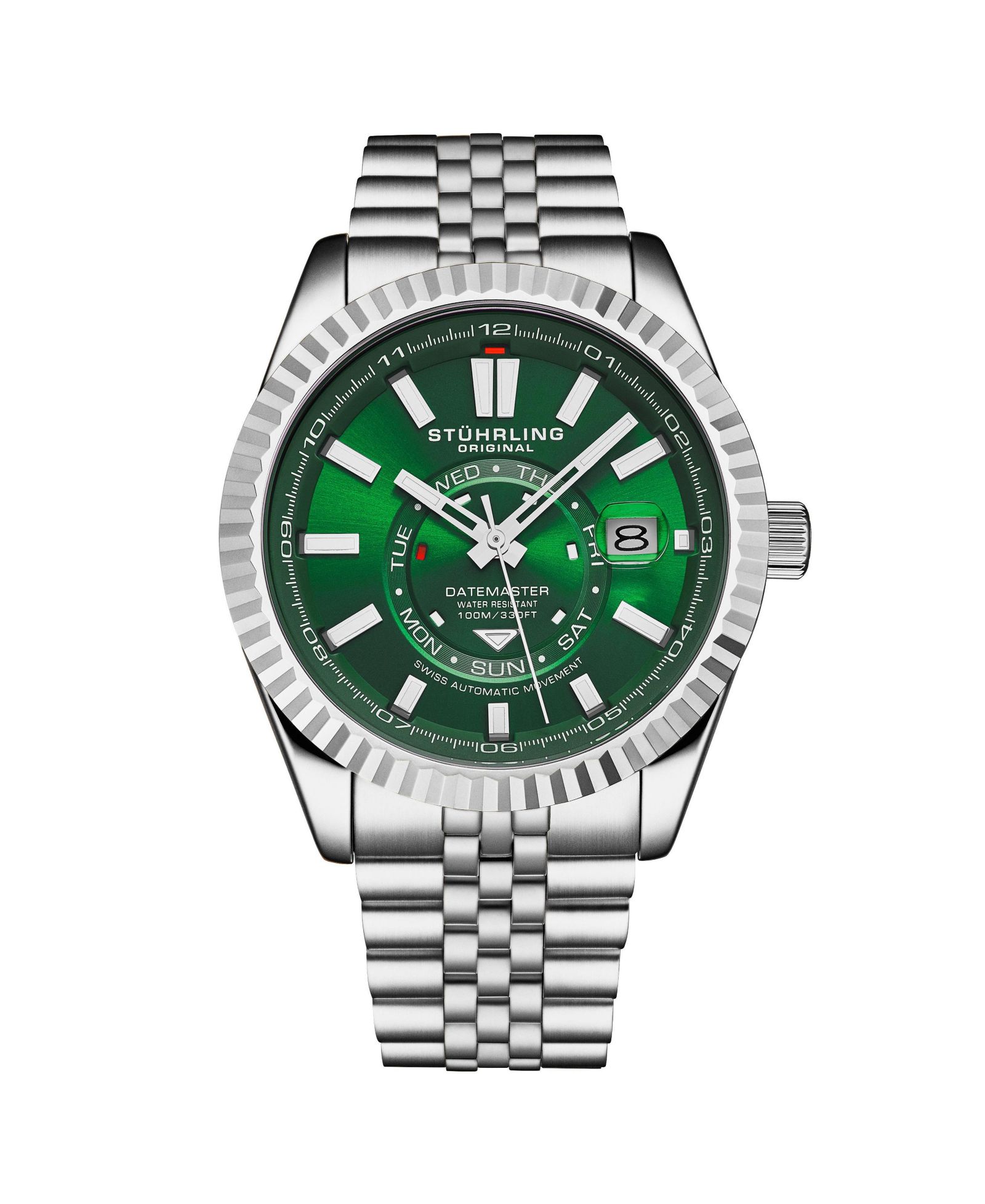 Stuhrling Datemaster II Men’s Swiss Automatic 42mm Stainless Steel Watch, Green Dial, Fluted Bezel, Day & Date, 100M Water Resistant