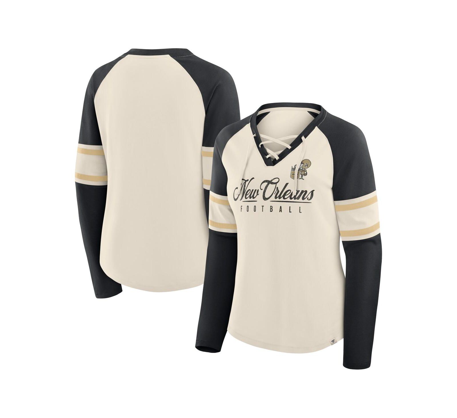 Fanatics Women's Cream/Black New Orleans Saints Hometown Gridiron Hero Raglan Lace-Up V-Neck Long Sleeve T-Shirt