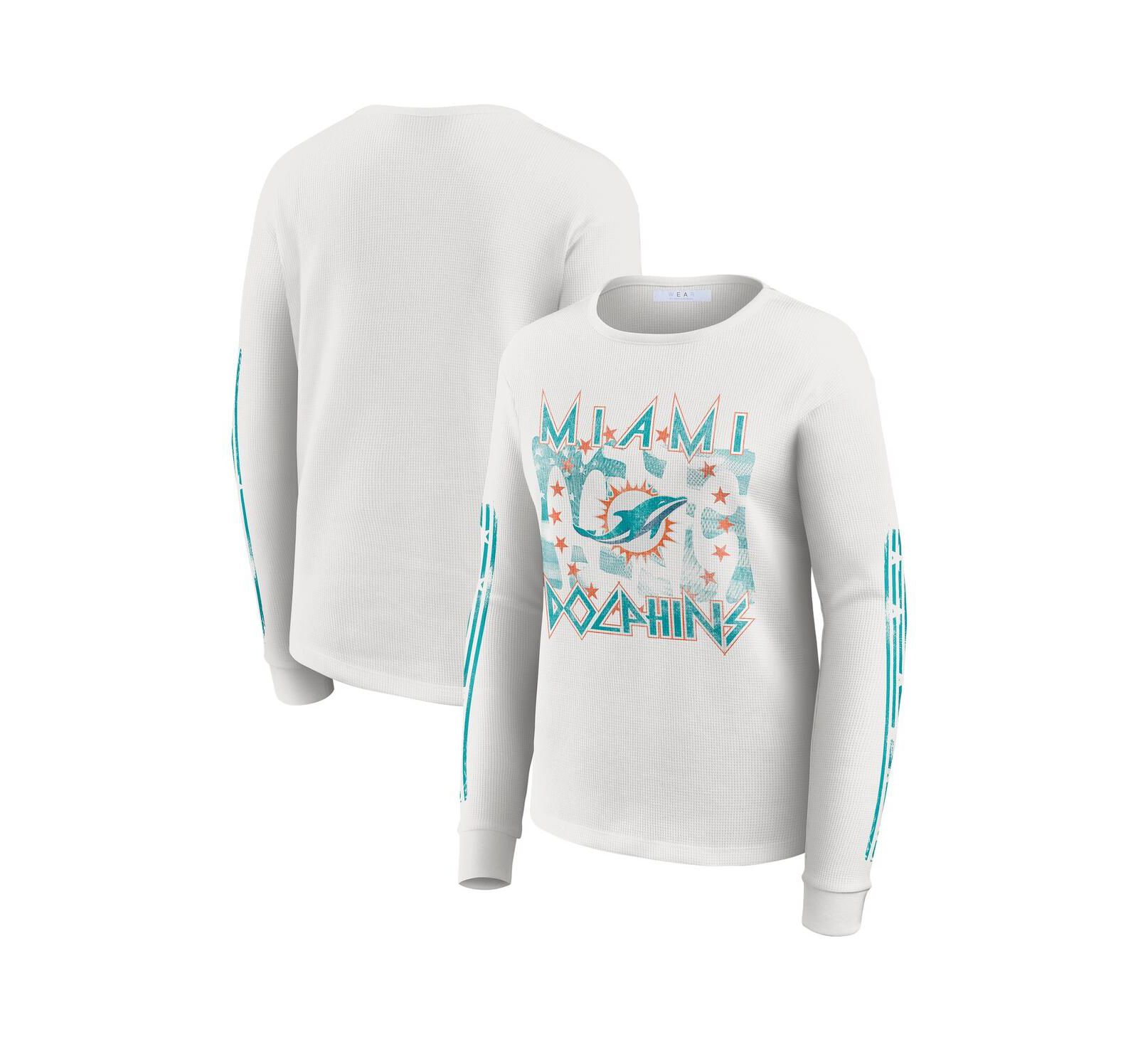 WEAR by Erin Andrews Women's White Miami Dolphins Graphic Waffle Long-Sleeve T-Shirt