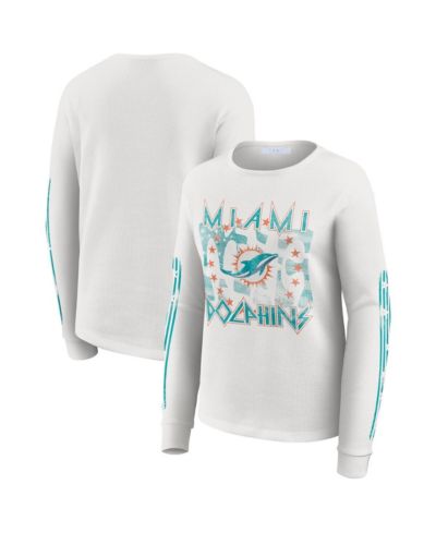 WEAR by Erin Andrews Women's White Miami Dolphins Graphic Waffle Long-Sleeve T-Shirt