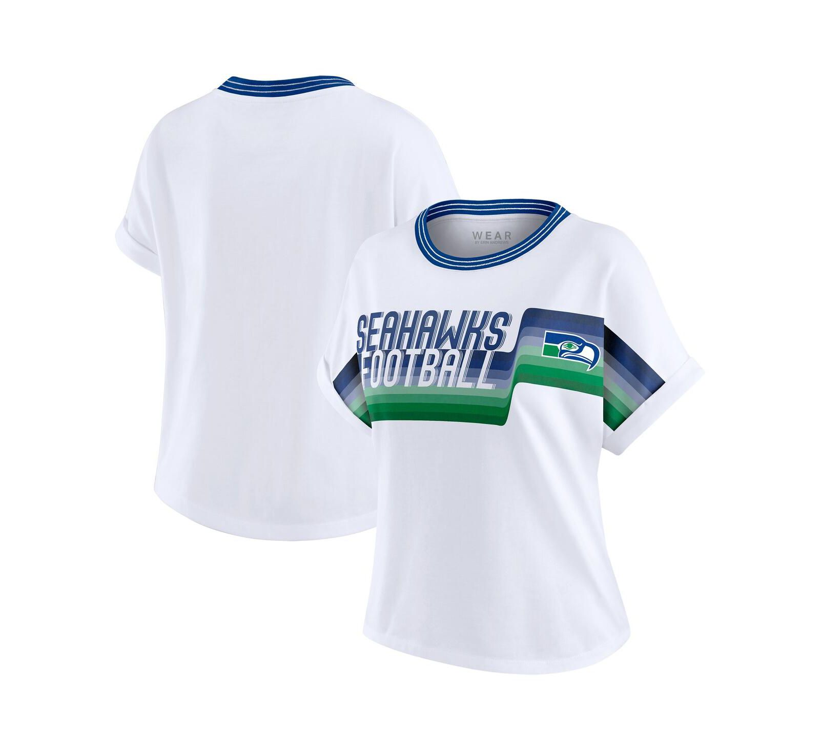 WEAR by Erin Andrews Women's White Seattle Seahawks Cropped Center Stripe Dolman T-Shirt