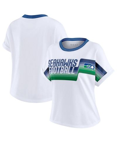 WEAR by Erin Andrews Women's White Seattle Seahawks Cropped Center Stripe Dolman T-Shirt