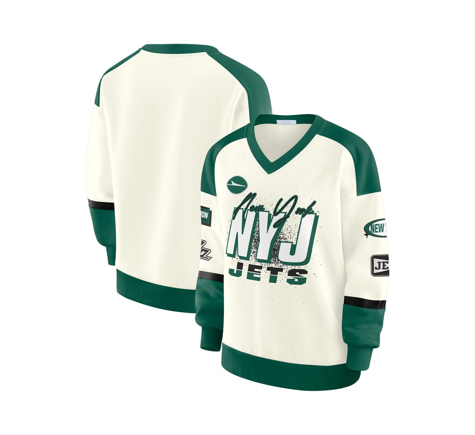 WEAR by Erin Andrews Women's Cream New York Jets Racing Crew V-Neck Sweatshirt