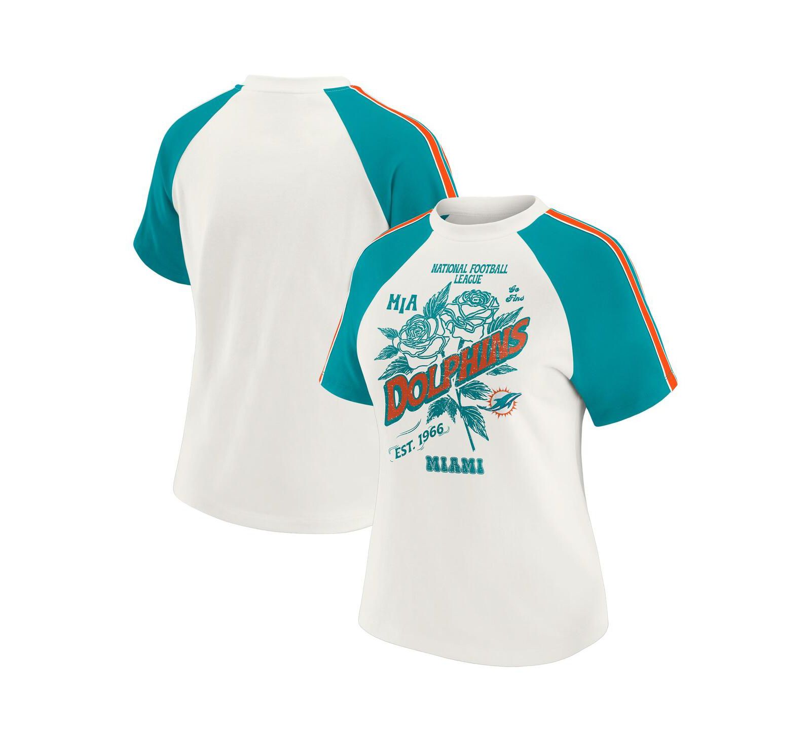 Женская футболка WEAR by Erin Andrews White Miami Dolphins Sleeve Stripe Distressed Raglan