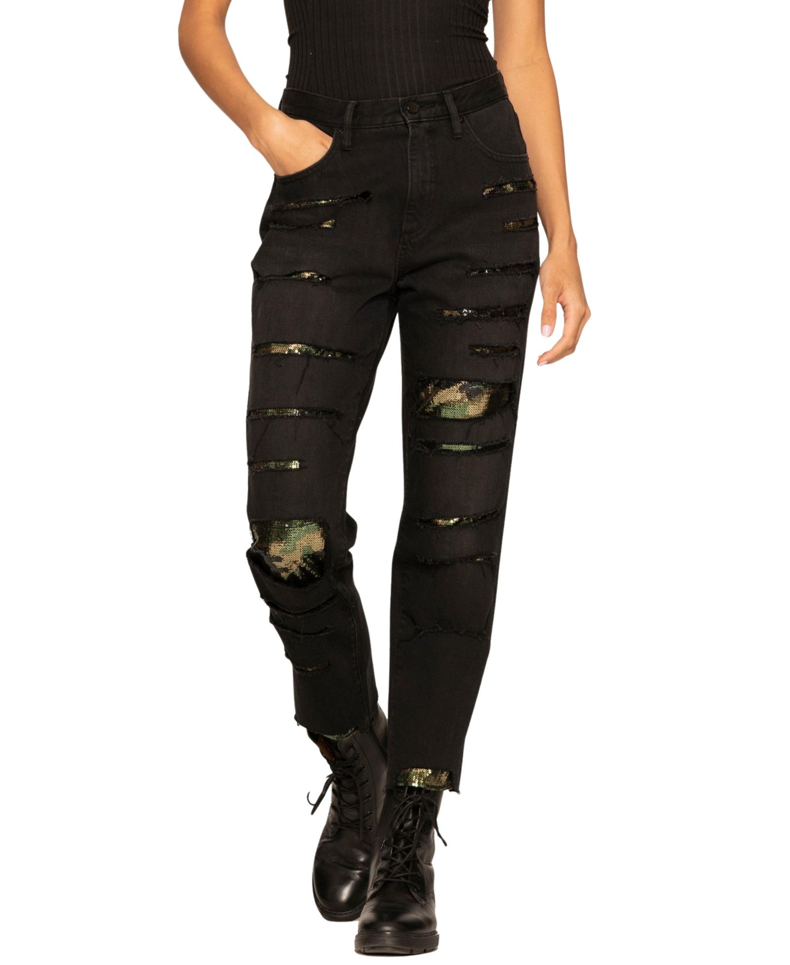 Blue Revival Women's High Rise Camo Sequin Straight Leg Jeans