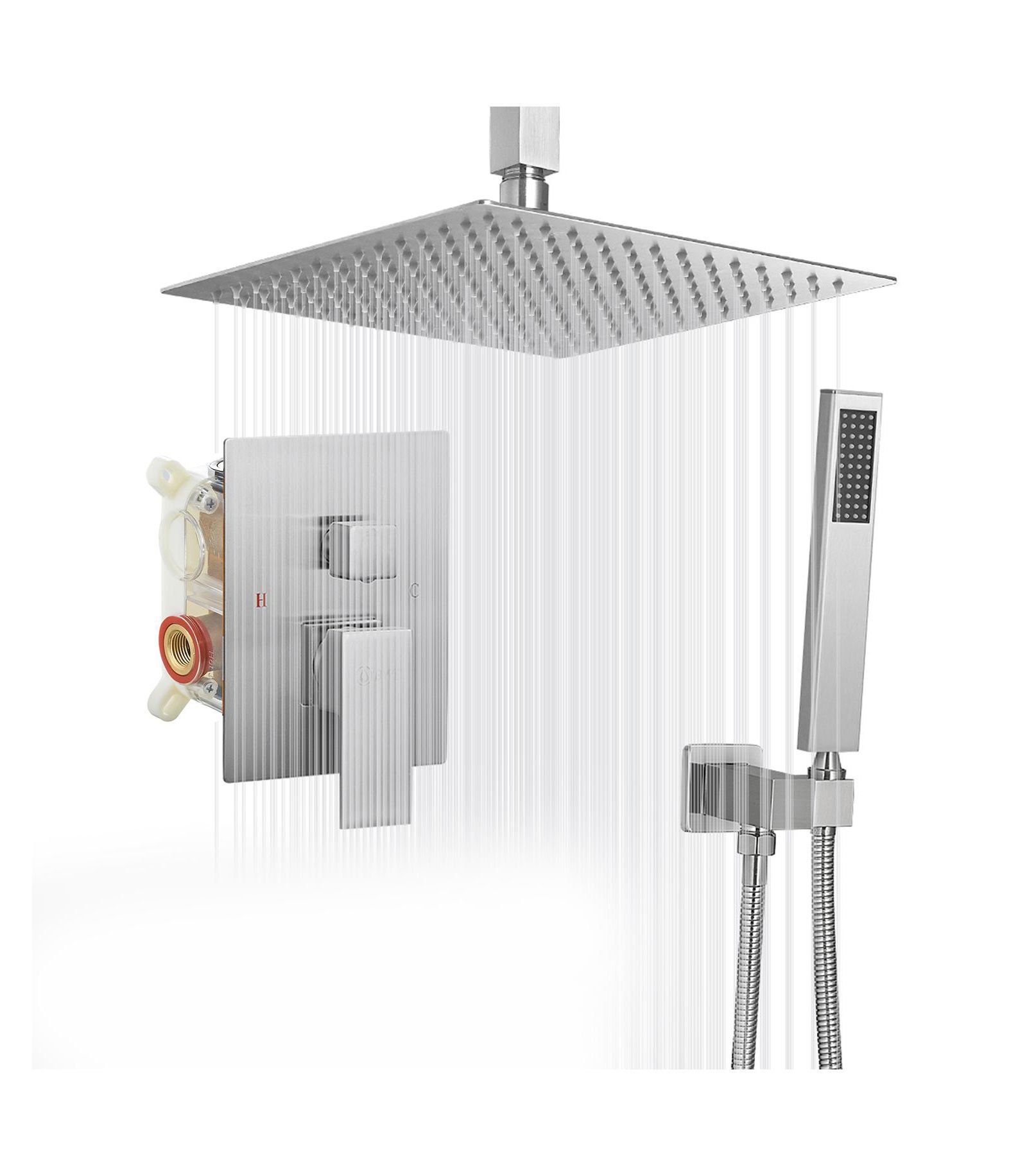 Greenspring Single-Handle 2-Spray Square High Pressure Shower Faucet with 16" Ceiling Shower Head (Valve Included)