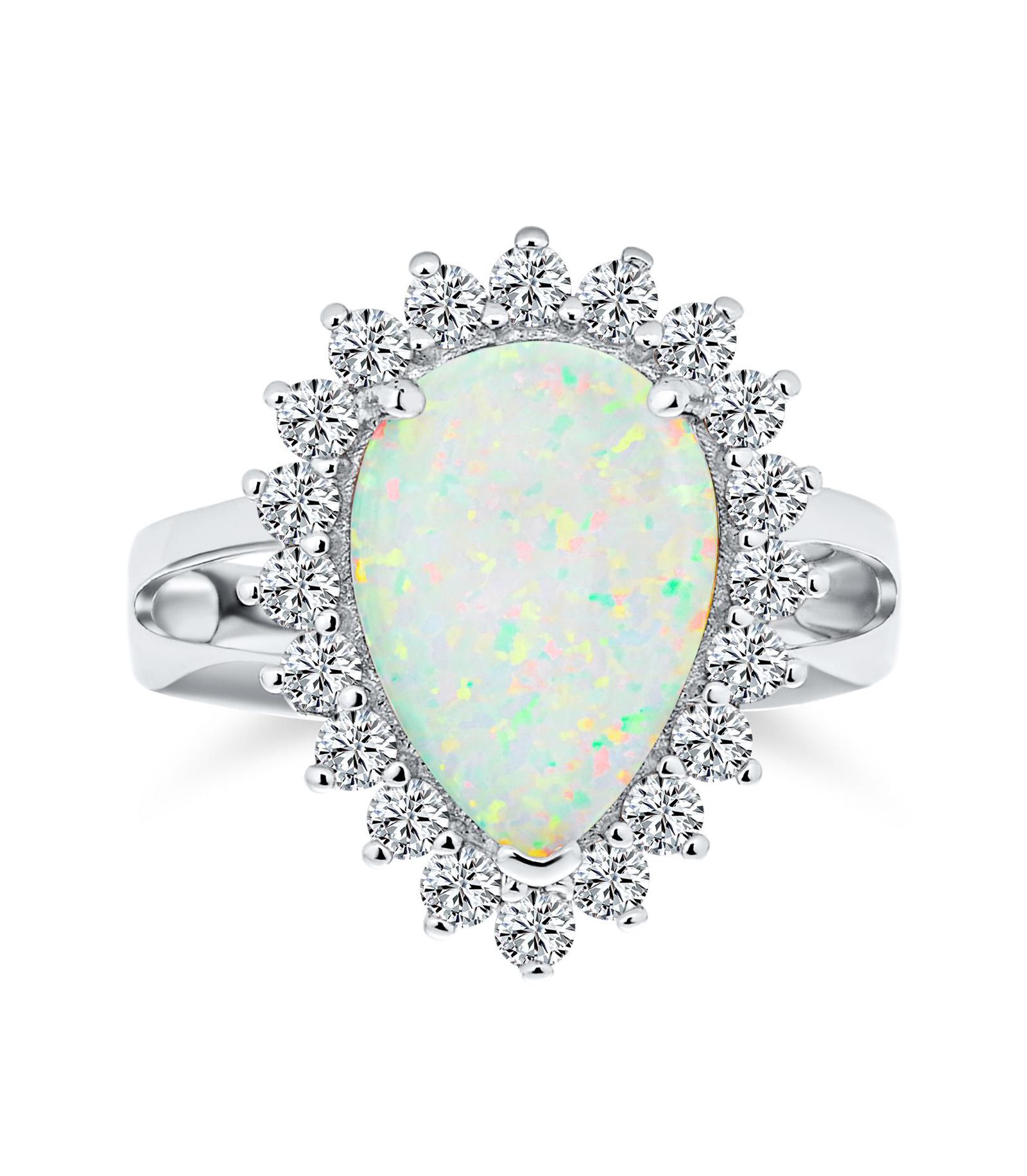 Bling Jewelry Created White Opal 10CT Halo Teardrop Cocktail Statement Ring with Cathedral Setting Sterling Silver