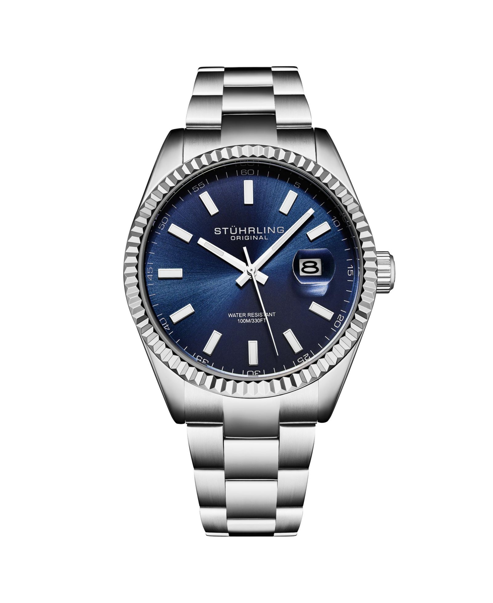 Stuhrling Vanguard 4069 Men s Quartz Watch - 42mm, Blue Dial, Stainless Steel Bracelet, Fluted Bezel, Date, 100M Water Resistant
