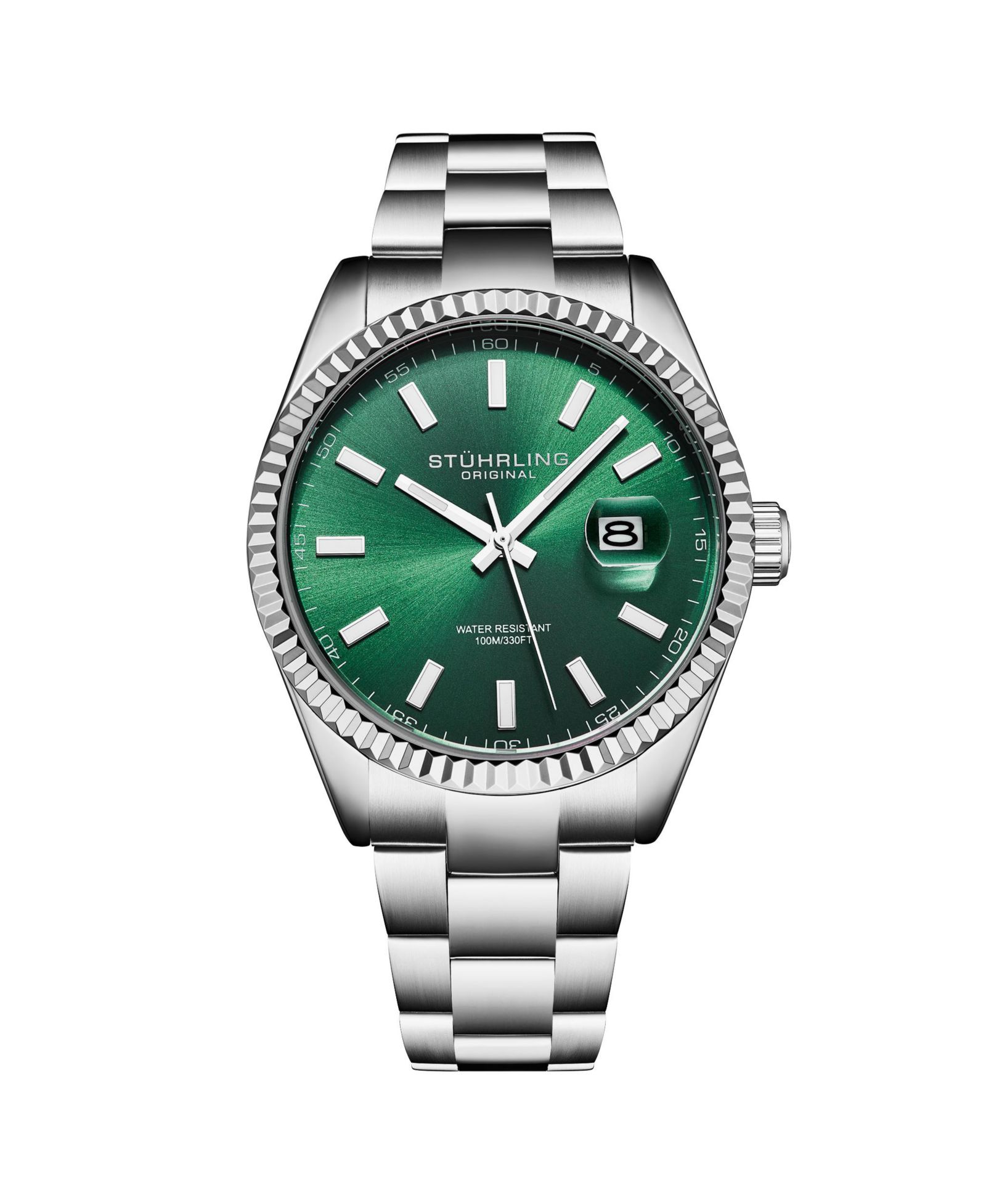 Stuhrling Vanguard 4069 Men s Quartz Watch - 42mm, Green Dial, Stainless Steel Bracelet, Fluted Bezel, Date, 100M Water Resistant