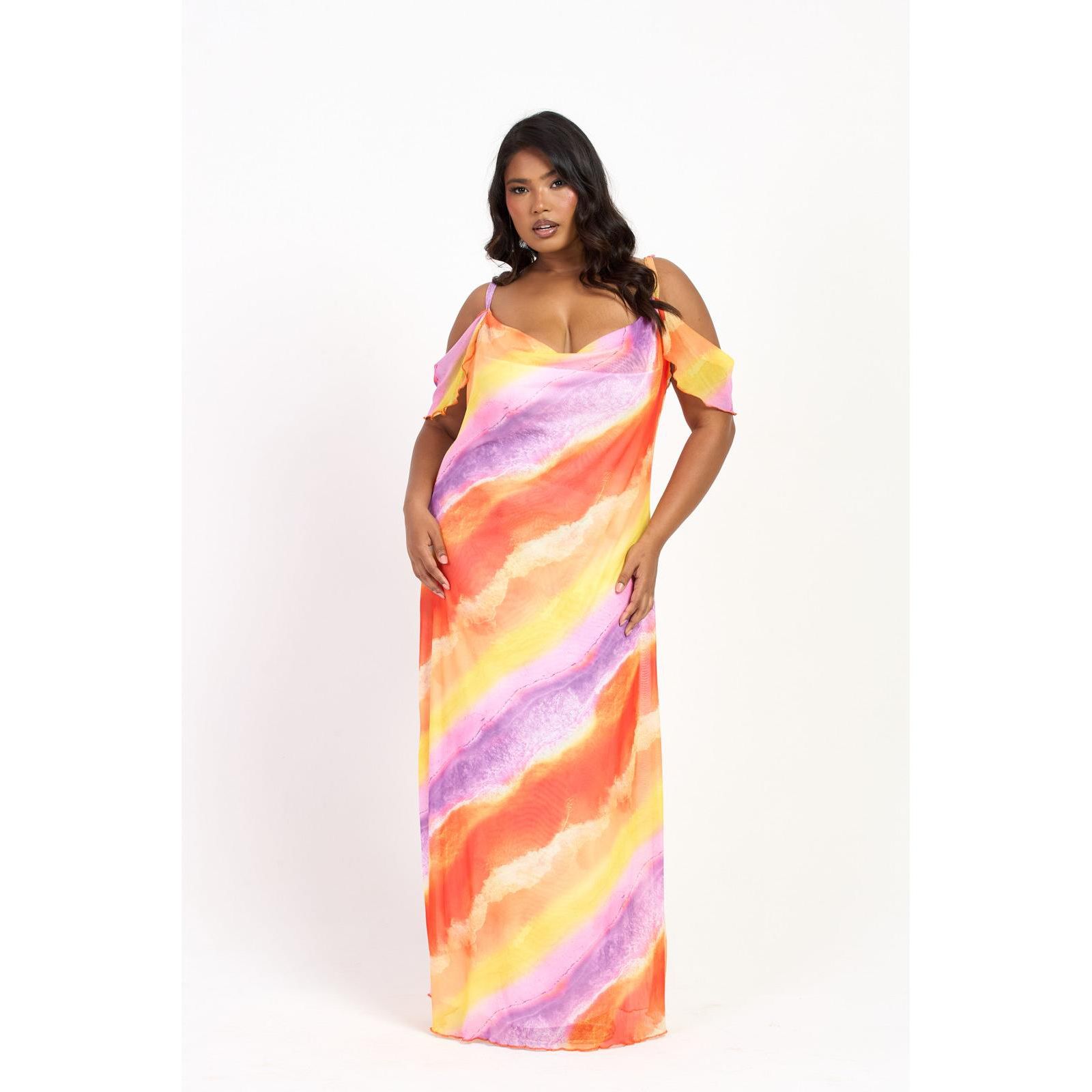 FASHION-SZN CURVE Women's Cold Shoulder Marble Print Maxi Dress
