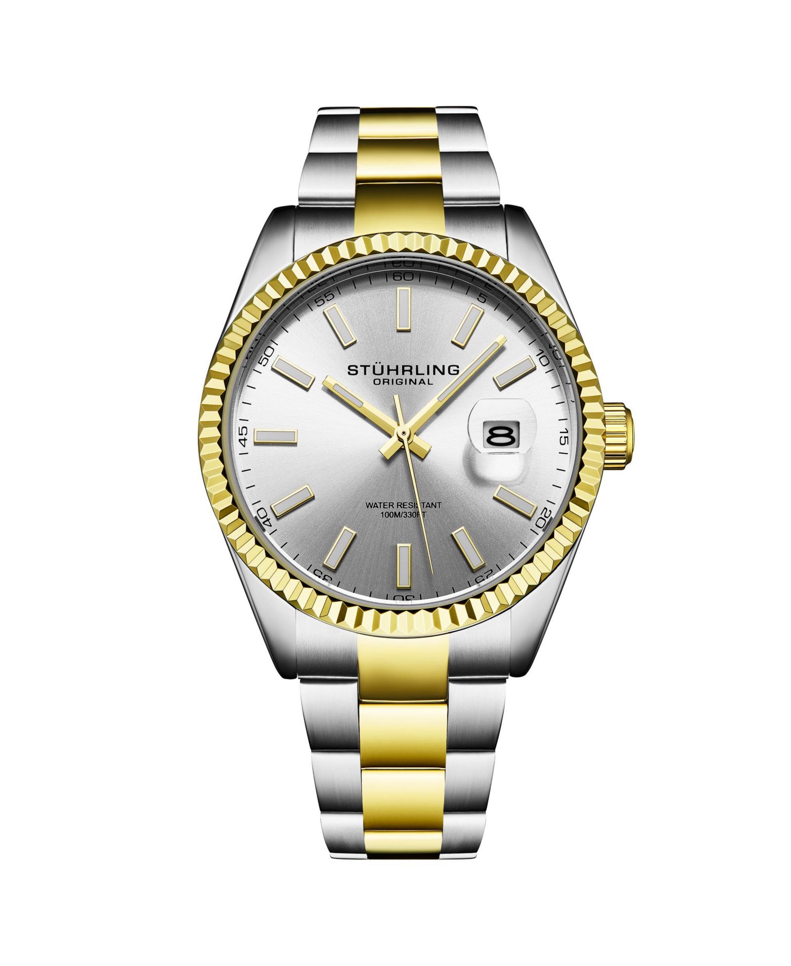 Stuhrling Vanguard 4069 Men s Quartz Watch – 42mm, Silver Dial, Two-Tone Bracelet, Fluted Bezel, Date, 100M Water Resistant
