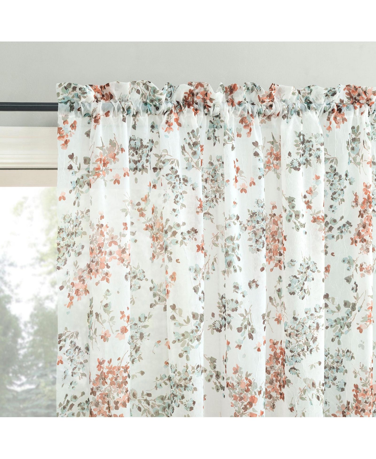 No. 918 Alethea Floral Print Crushed Voile Sheer Rod Pocket Curtain Panel