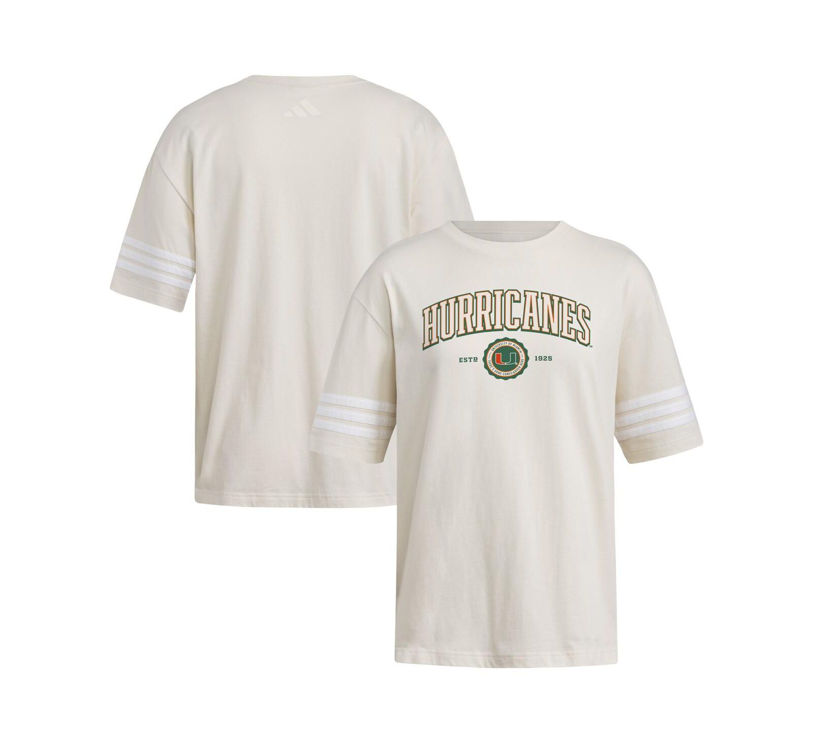 Adidas Women's Cream Miami Hurricanes Fashion Three-Stripes Oversized T-Shirt
