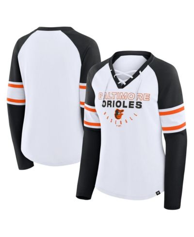 Футболка Fanatics Women's White/Black Baltimore Orioles Blitz Package Raglan Lace-Up V-Neck Long Sleeve T-Shirt