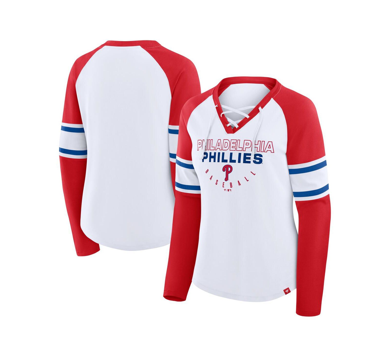 Женская футболка Fanatics White/Red Philadelphia Phillies Blitz Package Raglan Lace-Up V-Neck Long Sleeve