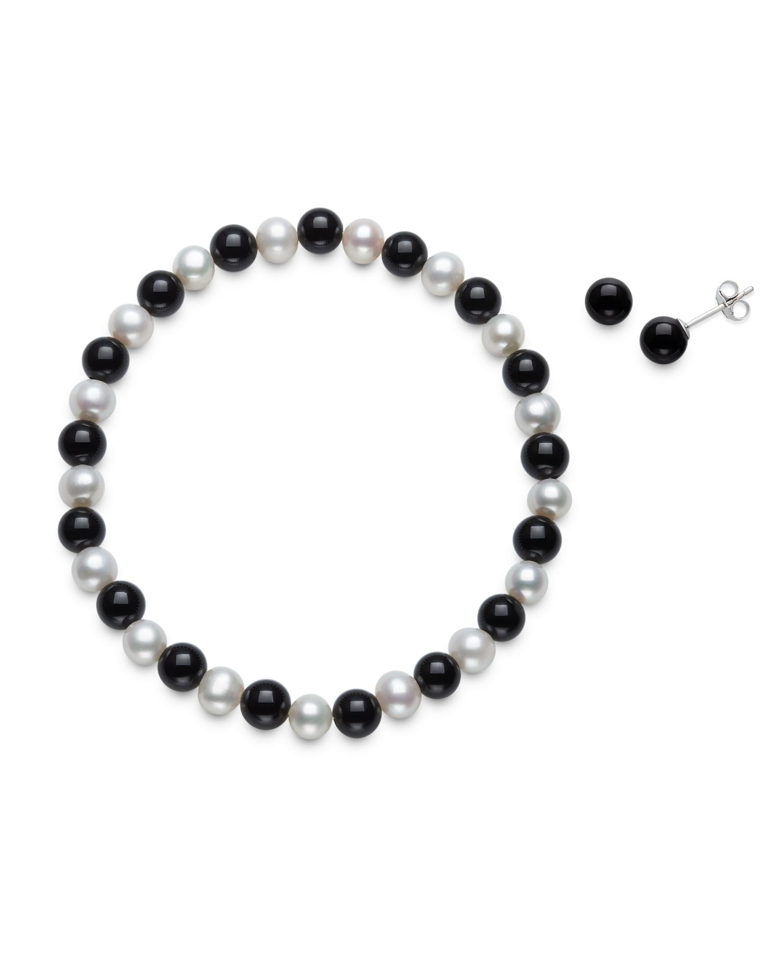Macy's Cultured Freshwater Pearl (6-7mm) and 6mm Onyx Stretch Bracelet and Stud Set in Sterling Silver