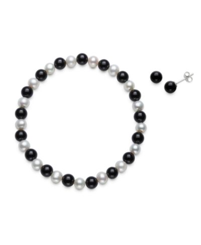 Macy's Cultured Freshwater Pearl (6-7mm) and 6mm Onyx Stretch Bracelet and Stud Set in Sterling Silver