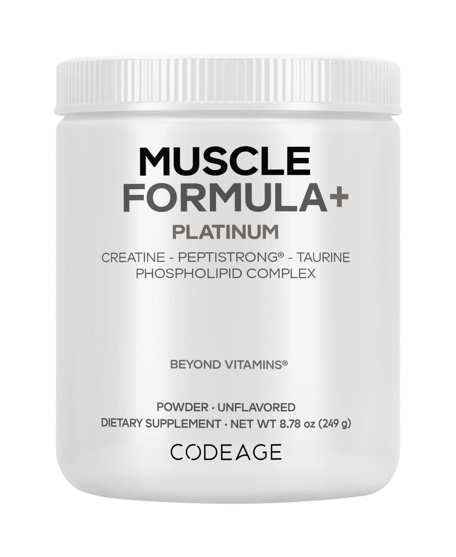 Добавка Codeage Muscle Formula+ Platinum Supplement - Creatine Monohydrate, PeptiStrong Fava Bean Protein Hydrolysate, Vitamin D3, Unflavored, 8.78 Oz