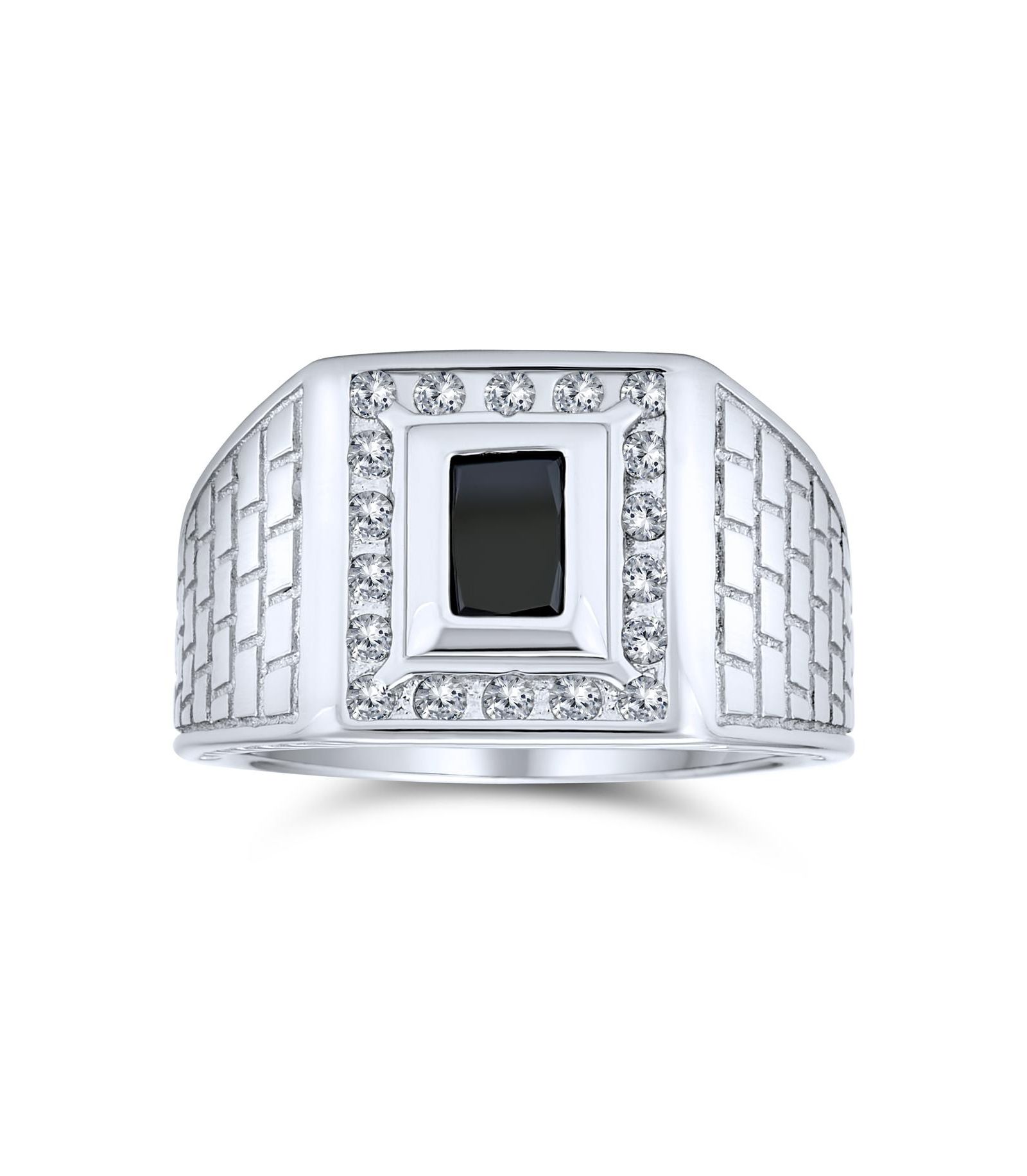 Bling Jewelry Sapphire Blue Emerald Cut CZ Statement Ring for Men - Brick Pattern Silver Band
