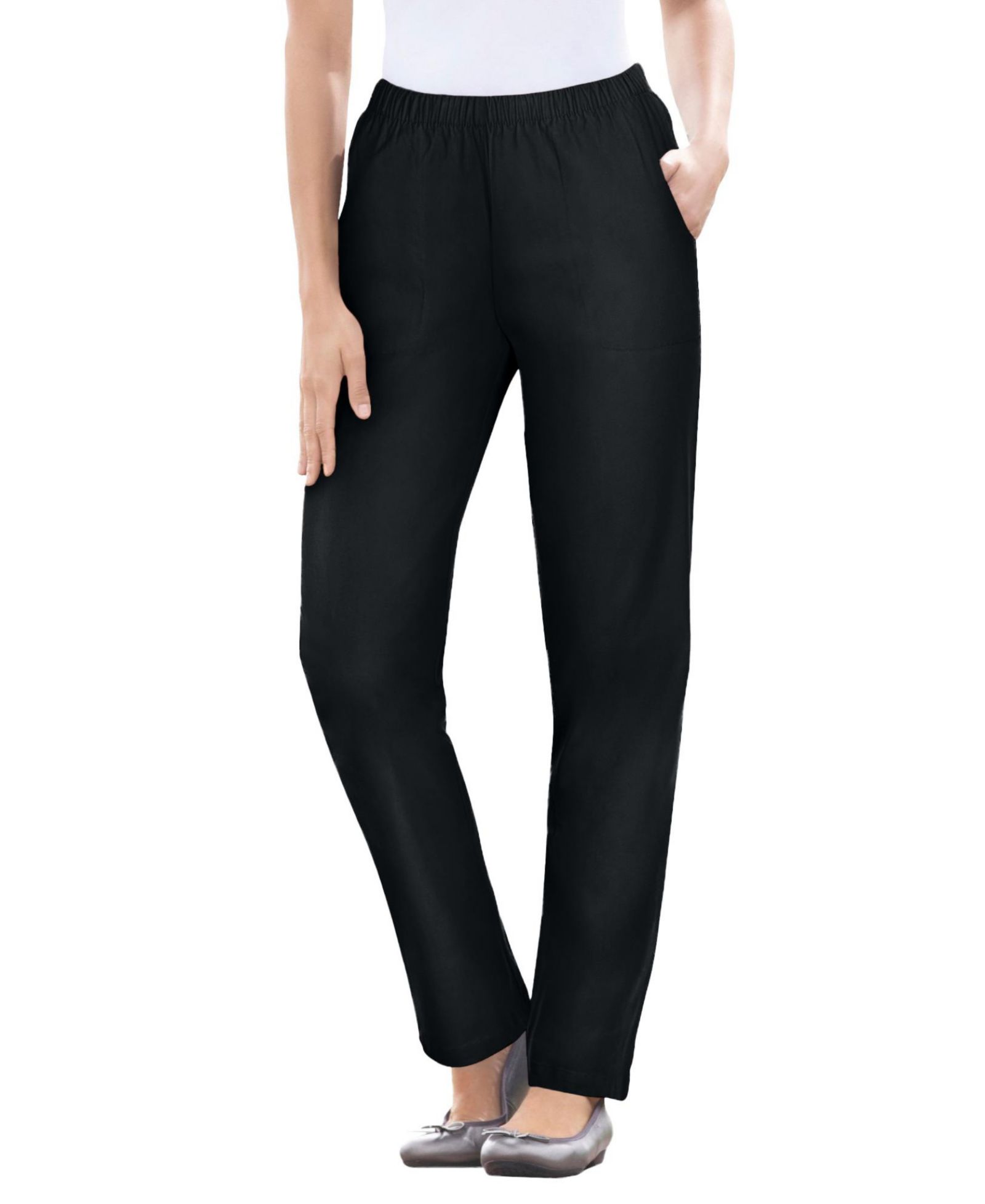 Woman Within Women's Within Fineline Pull-On Elastic Waist Straight-Leg Stretch Denim Jeans