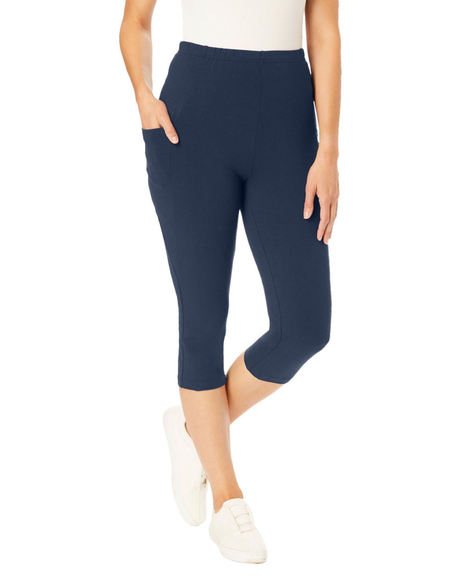 Woman Within Plus Size Within Stretch-Cotton Mid Rise Elastic Waist Pull-On Pocket Capri Leggings