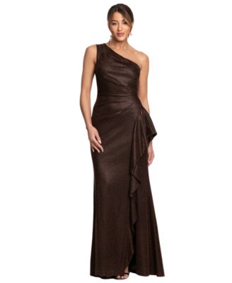 XSCAPE Women's One-Shoulder Glitter Long Dress