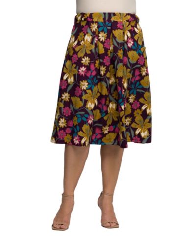 Юбка миди 24seven Comfort Apparel Plus Size фиолетовая цветочная с эластичным поясом