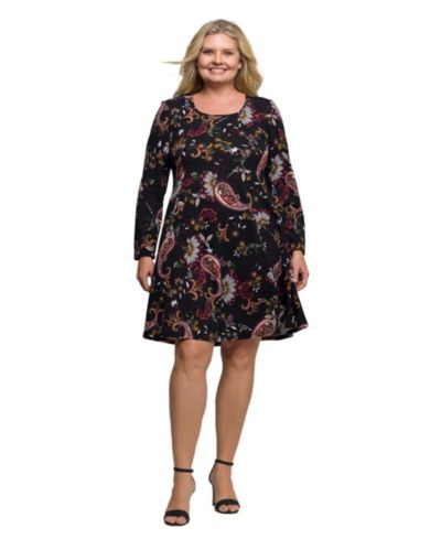 24seven Comfort Apparel Plus Size Black Paisley Print Long Sleeve Fit and Flare Dress