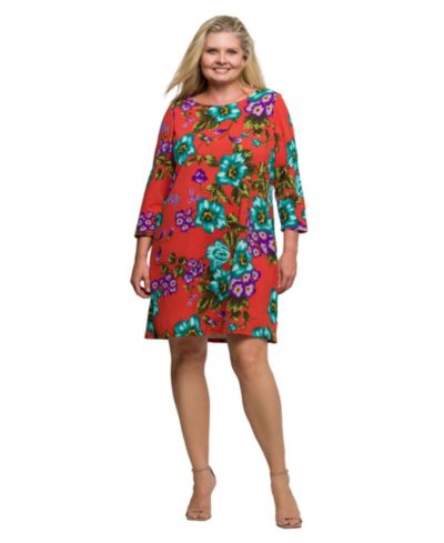 Женское платье 24seven Comfort Apparel Plus Size Orange Floral Print Three Quarter Sleeve A Line