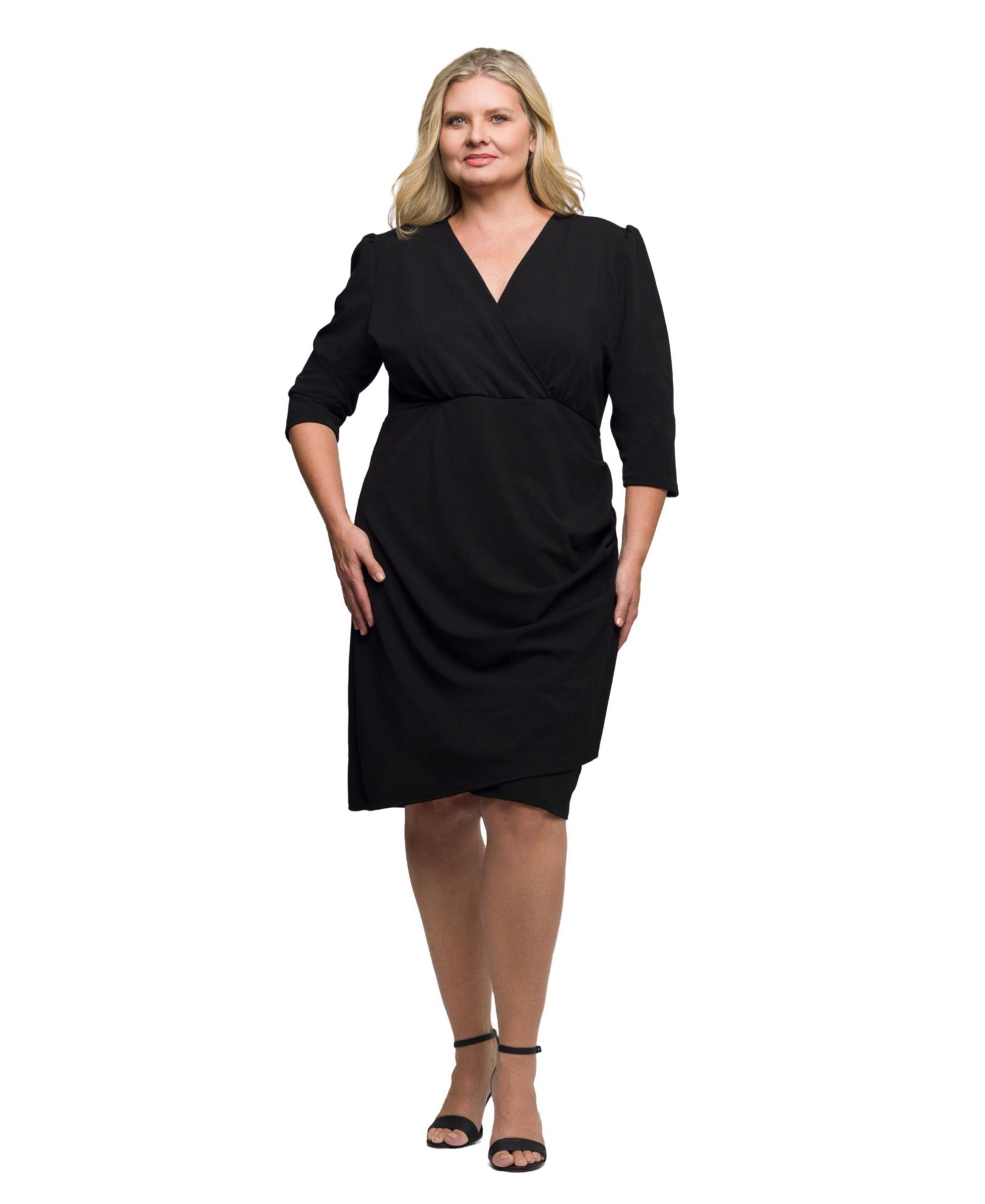 24seven Comfort Apparel Plus Size Solid Color V Neck Faux Wrap Dress