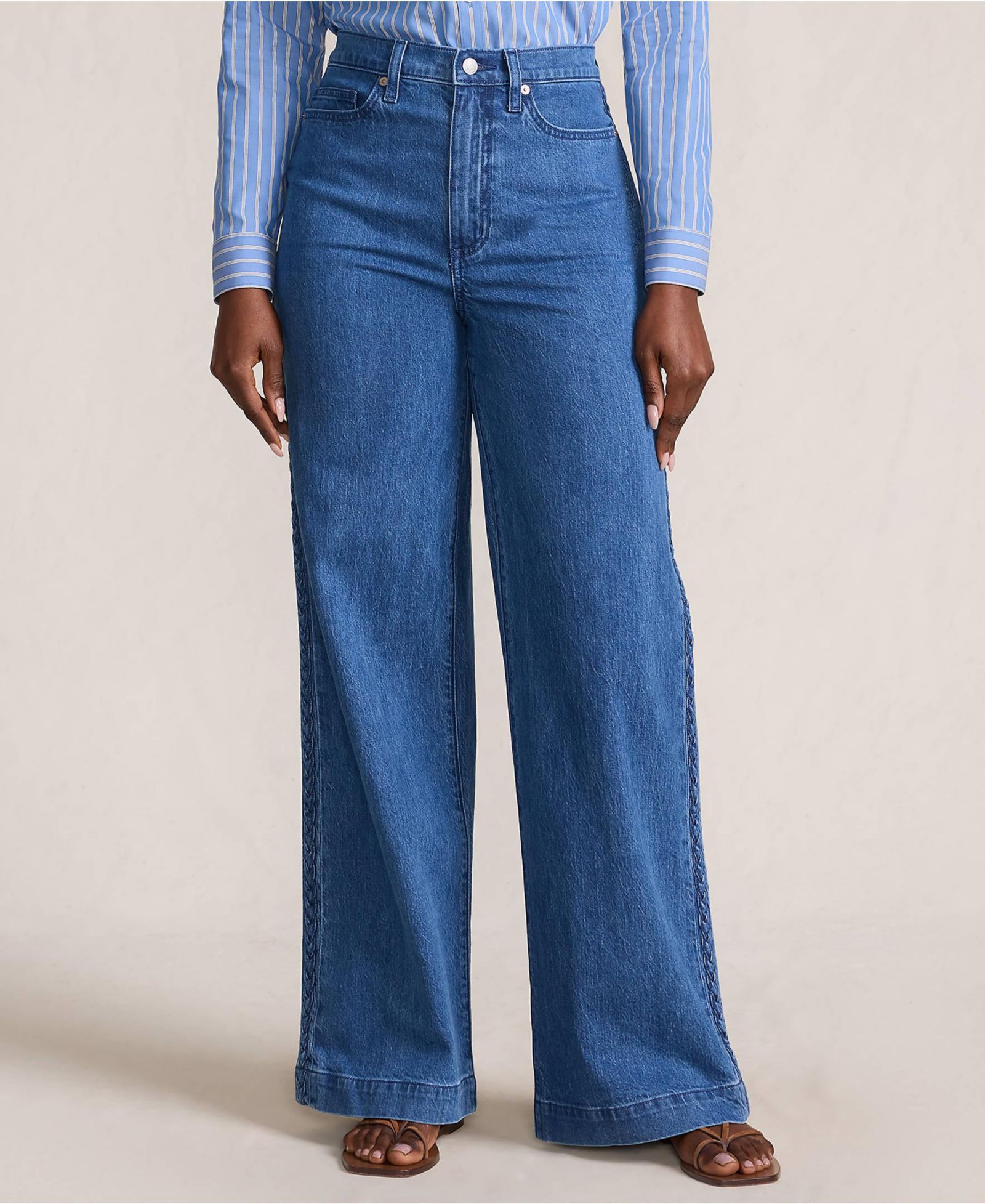 Lands' End Women's Soft Denim High Rise Wide Leg Braided Jeans