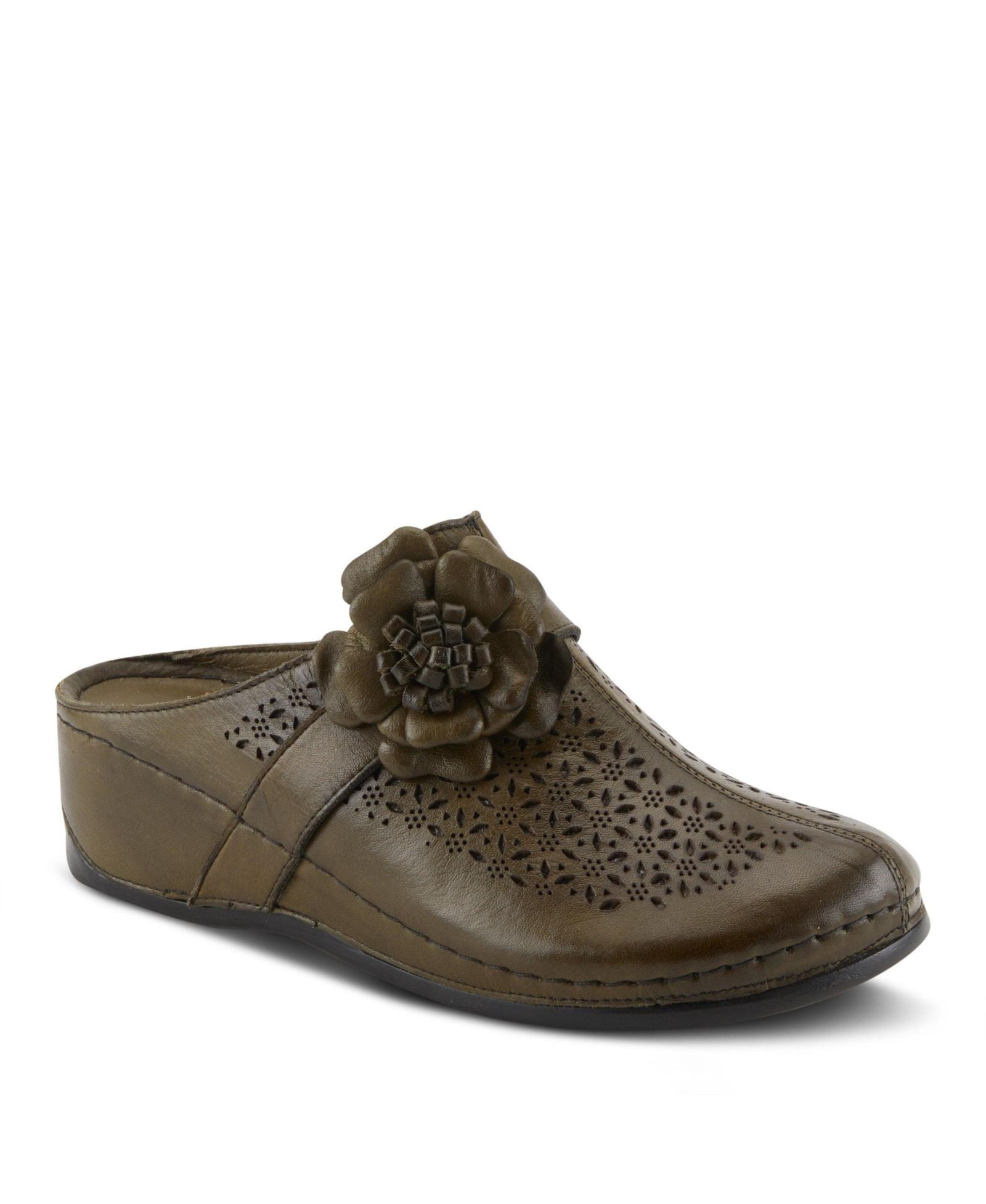 AZURA Spring Step LILYBEAN Leather Perforated Clogs with Floral Applique and Open Back