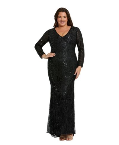 Mac Duggal Women's Long Sleeve V Neck Beaded Fringe Gown