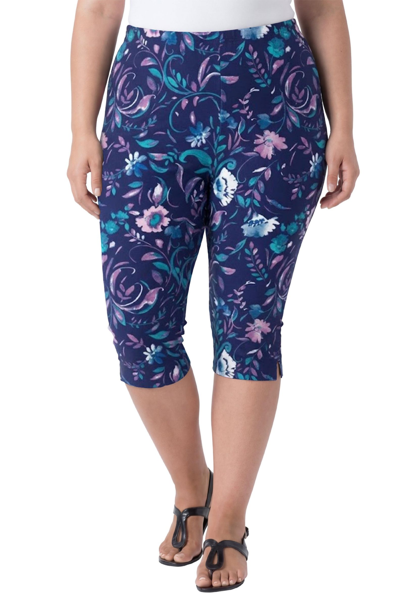 Woman Within Women's Within Stretch-Cotton Knit Pull-On Printed Capri Leggings